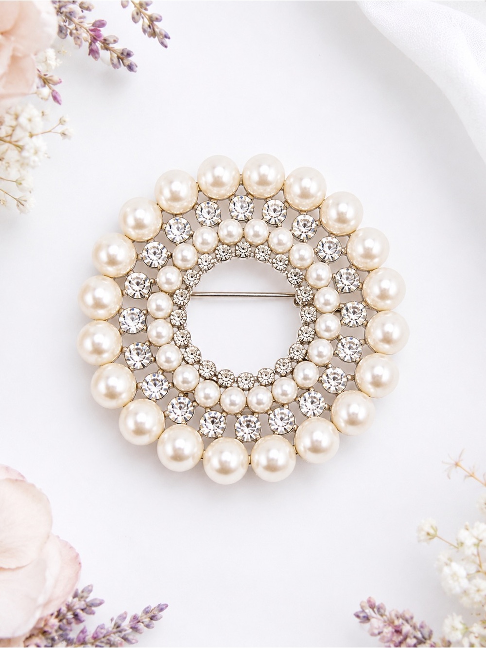 Vintage Style Faux Pearl & Rhinestone Circle Brooch Pin NWT Bridal Wedding
